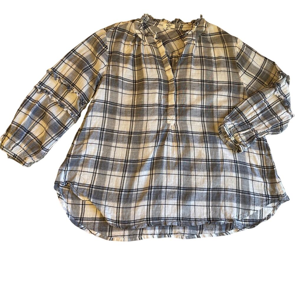 Dylan Western Wear Plaid Black & White Long Sleeve Half Button Fringe Blouse Med